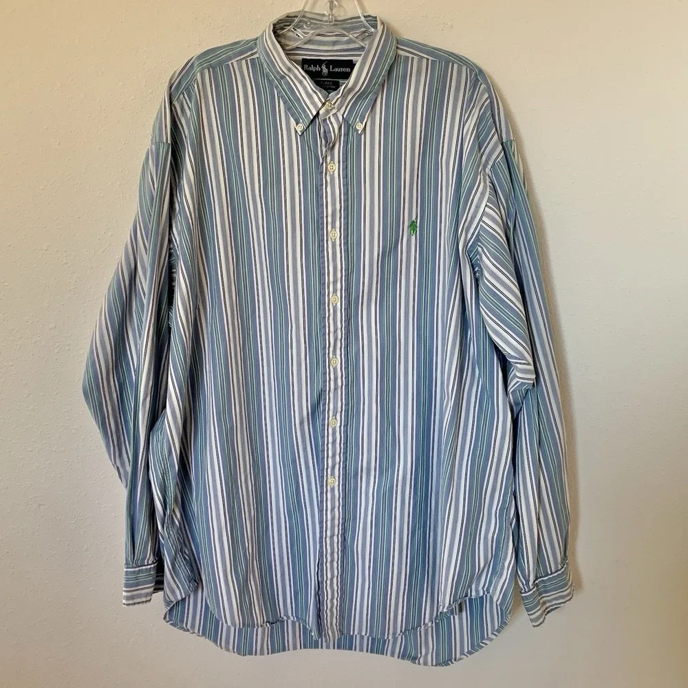 Polo Ralph Lauren Men's Blue Green Striped Long Sleeve Button Up Shirt Pony XL